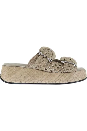 Pon´s quintana Sandali donna in pelle intrecciata girgia con doppia fibbia e zeppa bassa