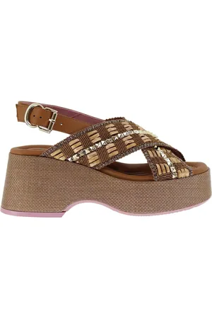 LORENZO MARI Sandali slingback donna in pelle cuoio con zeppa