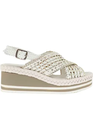 Pon´s quintana Sandali slingback donna in pelle intreccaita bianca con zeppa