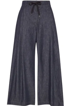 Brunello Cucinelli No-Fade Denim Wide Pleated Pants With Monili