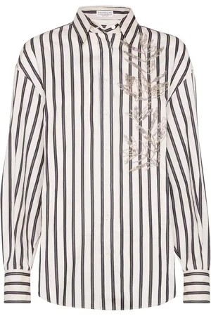 Brunello Cucinelli Regimental Cotton And Silk Poplin Shirt With Gliste