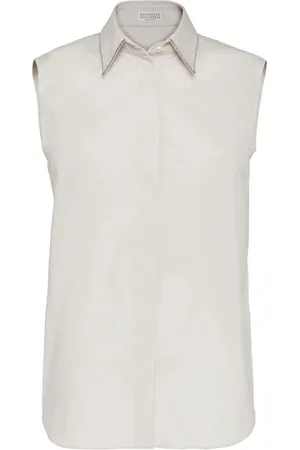 Brunello Cucinelli Stretch Cotton Poplin Sleeveless Shirt With `Shiny`