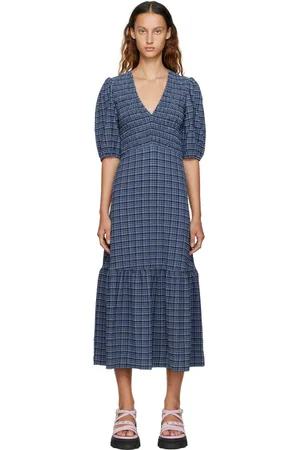 Ganni Black & Blue Checked Midi Dress