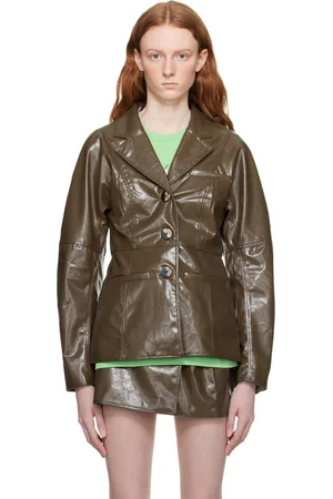 Ganni Brown Patent Faux-Leather Blazer