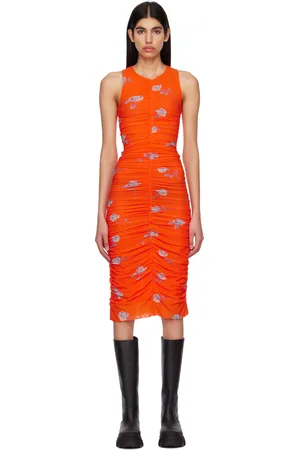 Ganni Orange Printed Ruched Midi Dress