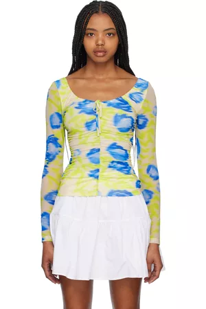 Ganni Donna Top - Green & Blue Printed Long Sleeve Blouse