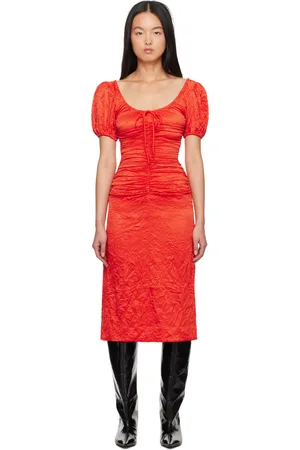 Ganni Red Crinkled Midi Dress