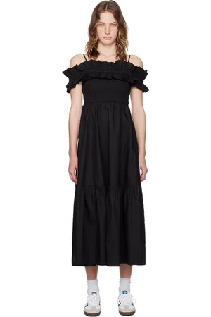 Ganni Black Shirred Midi Dress
