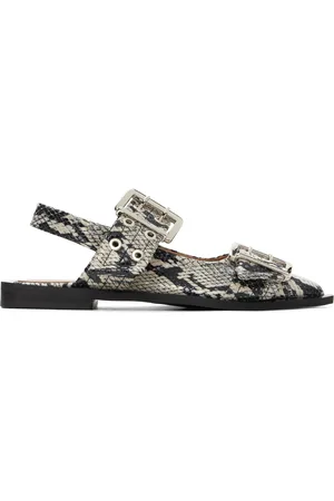 Ganni Beige & Black Snake Printed Chunky Buckle Ballerina Flats