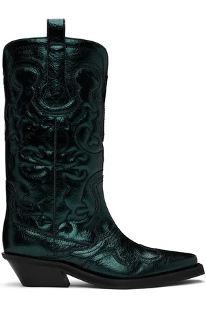 Ganni Green Metallic Mid Shaft Embroidered Western Boots
