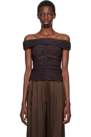 Ganni Brown Off-Shoulder Ruched Tank Top