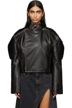 Y / PROJECT Brown Collapsed Shoulder Faux-Leather Jacket