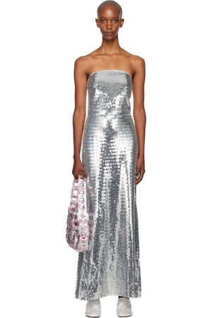 SIMON MILLER Silver Sculpty Strapless Sequin Maxi Dress