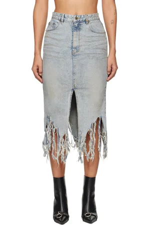 We11 Done Blue Distressed Denim Midi Skirt