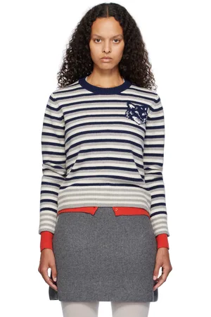 Maison Kitsuné Blue & Off-White Fox Head Intarsia Striped Sweater