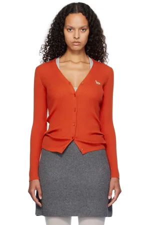 Maison Kitsuné Red Baby Fox Patch Fine Ribbed Cardigan