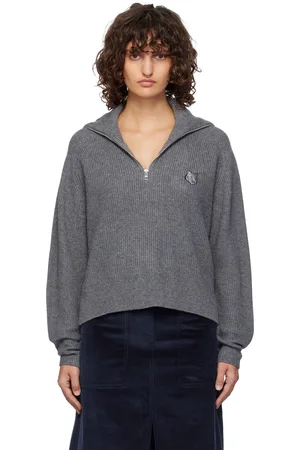 Maison Kitsuné Gray Bold Fox Head Patch Half Zip Ribbed Sweater