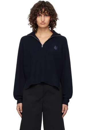 Maison Kitsuné Navy Bold Fox Head Patch Half Zip Ribbed Sweater
