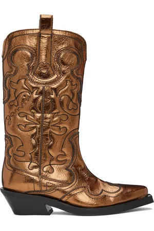 Ganni Gold Mid Shaft Embroidered Western Boots