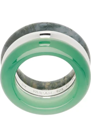 BY PARIAH Silver & Green Stone Trilogy Stack Ring Set