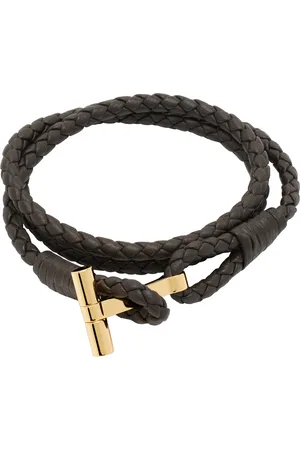 Tom Ford Brown Braided T Leather Bracelet