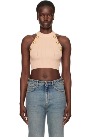 Balmain Pink Halterneck Knit Cropped Top