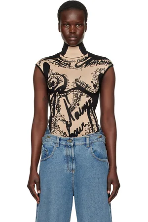 Balmain Black & Beige Jacquard Knit Torso Motif Bodysuit
