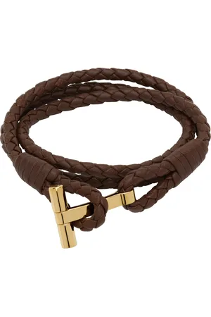 Tom Ford Brown Braided T Leather Bracelet