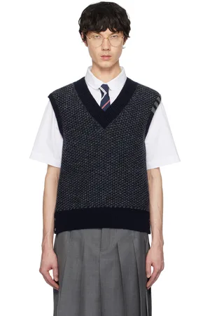Thom Browne Navy Mohair Tweed 4-Bar V Neck Vest