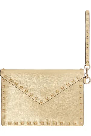 VALENTINO GARAVANI Gold Rockstud Laminated Grainy Calfskin Pouch