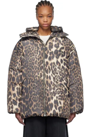 Ganni Beige & Brown Leopard Midi Down Jacket