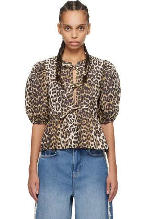 Ganni Brown Cotton Poplin Peplum Tie Blouse