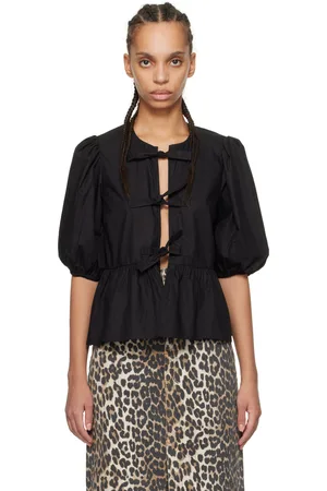 Ganni Black Cotton Poplin Peplum Tie Blouse