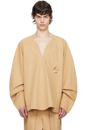 J.W.Anderson Beige Oversized V-Neck Gathered Sleeve Sweater