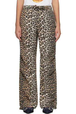 Ganni Brown Leopard Washed Cotton Canvas Drawstring Trousers