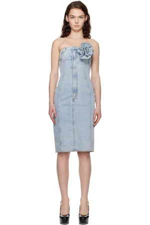 AREA Blue Flower Corsage Strapless Denim Midi Dress