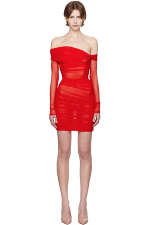MUGLER Red Off-Shoulder Ruched Minidress