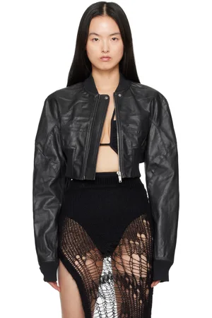 Rick Owens Black Hollywood Girdered Cropped Leather Bomber Jacket