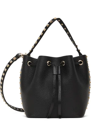 VALENTINO GARAVANI Black Rockstud Grainy Calfskin Bucket Bag