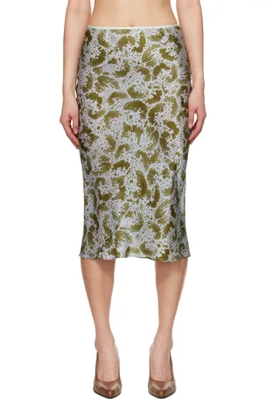 DRIES VAN NOTEN Blue & Green Printed Silk Midi Skirt