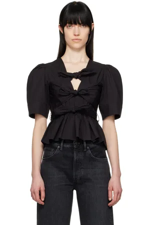Ganni Black Stretch Cotton Tie Strap Blouse