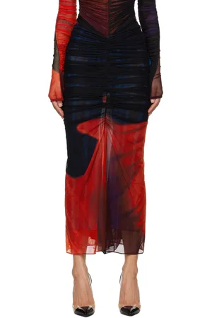 MUGLER Multicolor Floral Print Ruched Mesh Midi Skirt