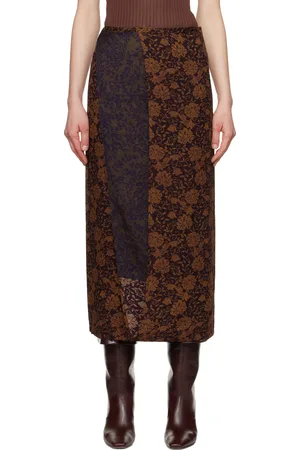 DRIES VAN NOTEN Brown Silk Floral Midi Skirt