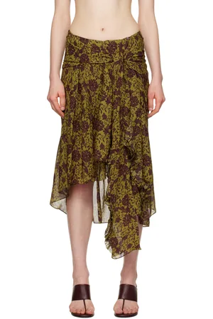 DRIES VAN NOTEN Green & Burgundy Floral Midi Skirt