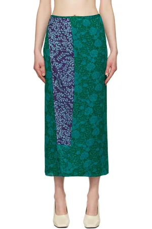 DRIES VAN NOTEN Blue Silk Floral Midi Skirt