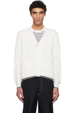 Thom Browne Off-White Half & Half Textured Stitch Relaxed Fit V Neck Cardigan