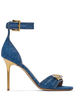 Balmain Blue Denim Safety Pin Heeled Sandals