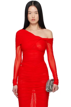 MUGLER Red Off-Shoulder Ruched Bodysuit