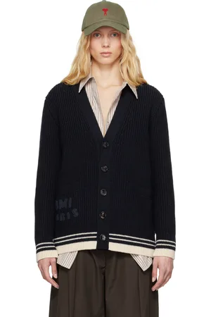 Ami Navy Wool Ribbed Cardigan