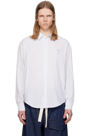 Ami White & Blue Cotton Boxy Fit Shirt
